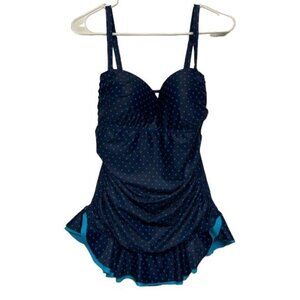 Pretty Polka Dot Navy/Teal Ruched Skater Swimdress Swimsuit Size Med EUC #1123